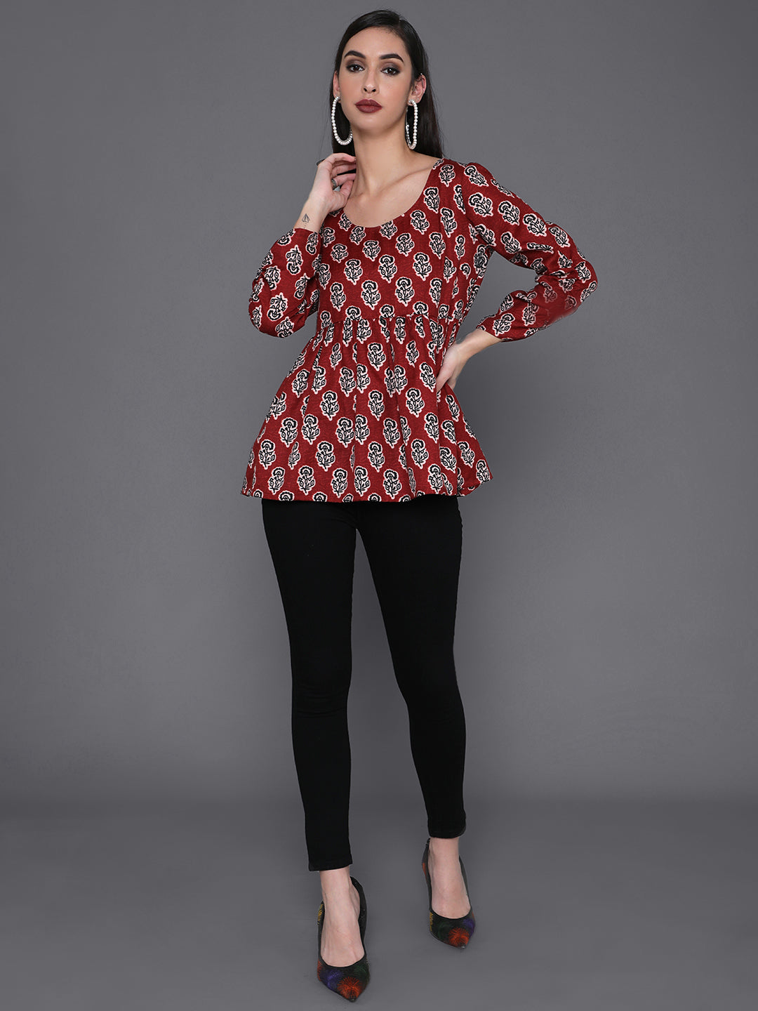 Maroon Floral Print Tunic - Elganza