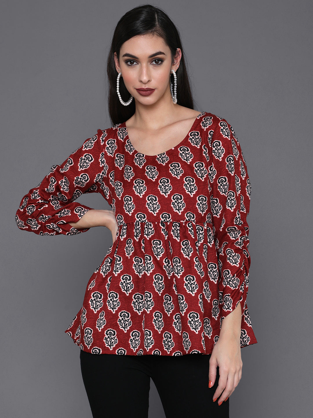 Maroon Floral Print Tunic - Elganza