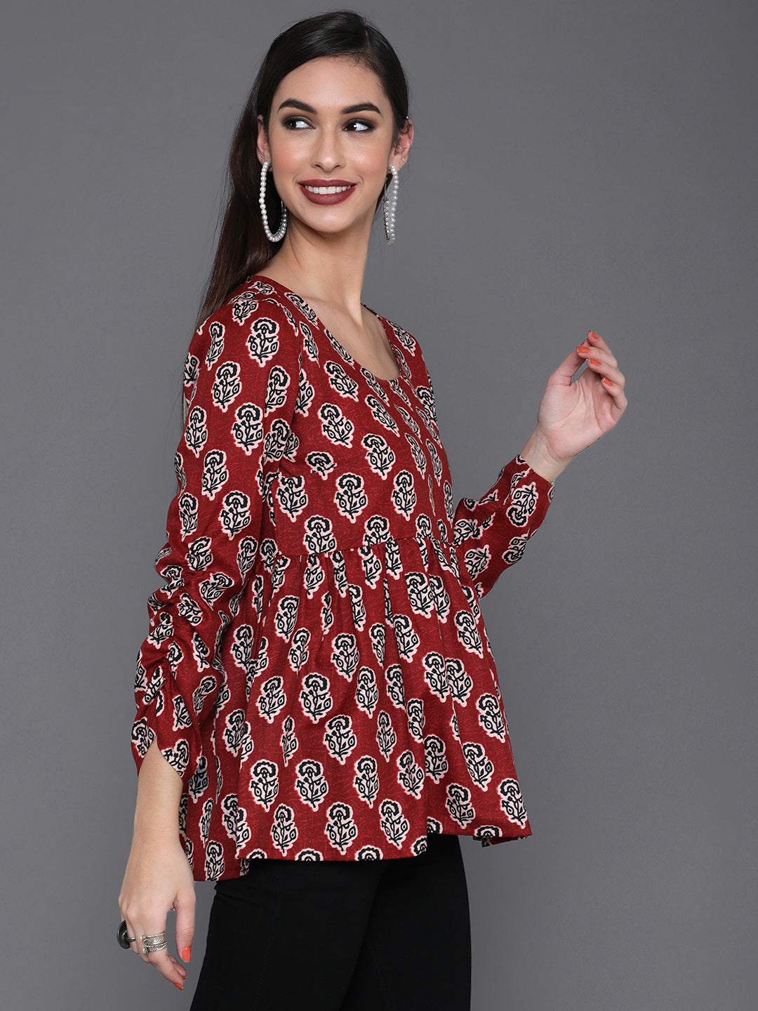 Maroon Floral Print Tunic - Elganza