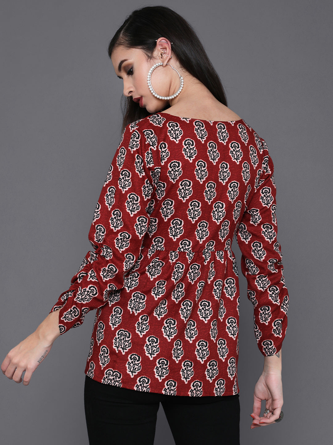 Maroon Floral Print Tunic - Elganza