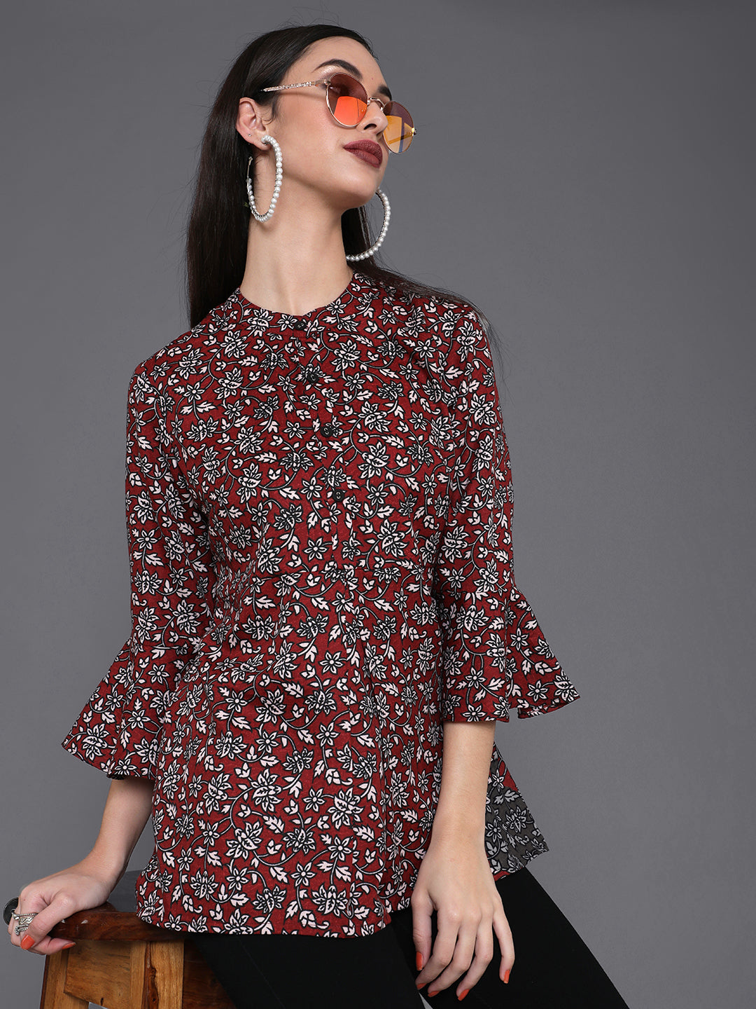 Maroon Floral Print Tunic - Elganza