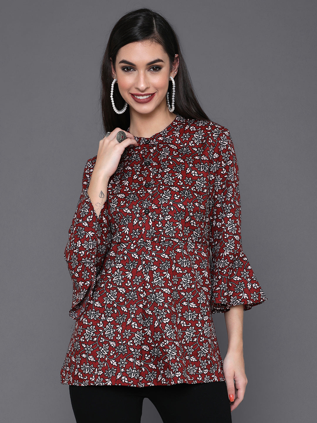 Maroon Floral Print Tunic - Elganza