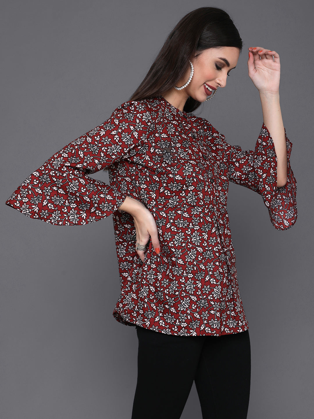 Maroon Floral Print Tunic - Elganza
