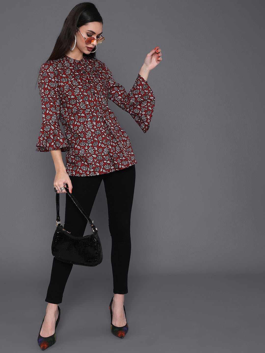 Maroon Floral Print Tunic - Elganza