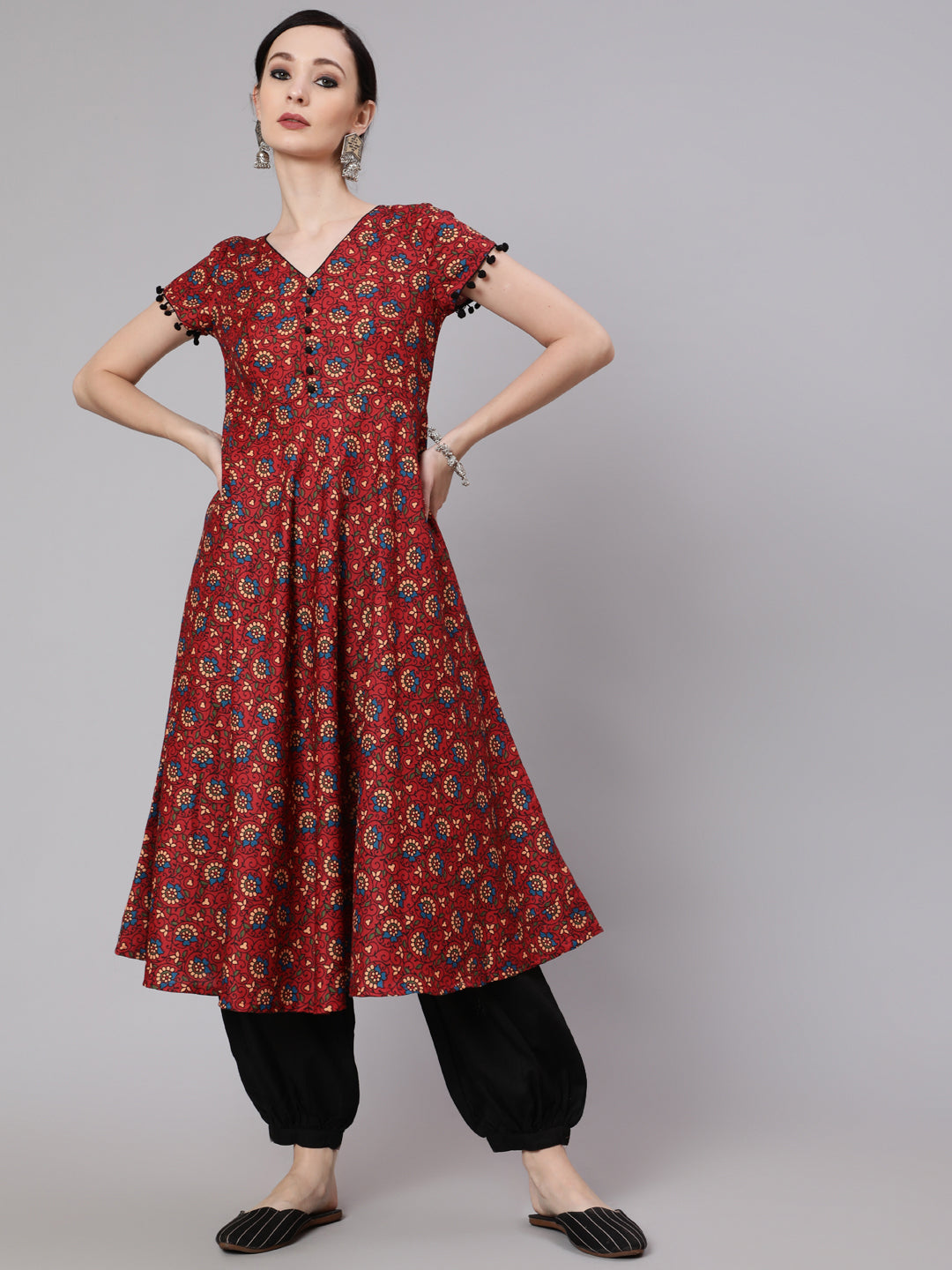Maroon Floral Print Anarkali - Elganza