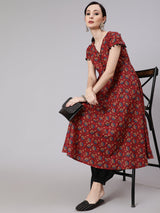 Maroon Floral Print Anarkali - Elganza