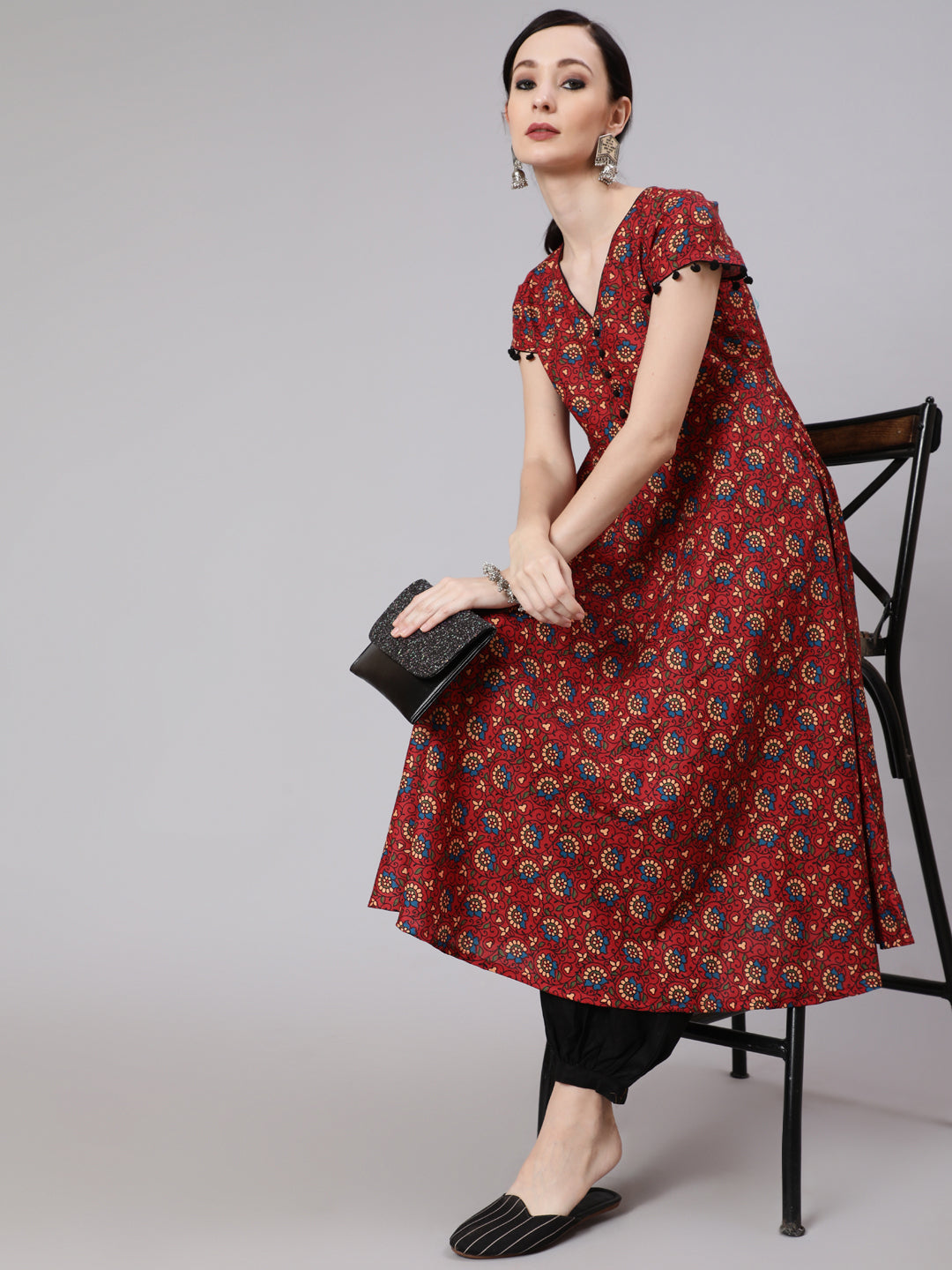 Maroon Floral Print Anarkali - Elganza