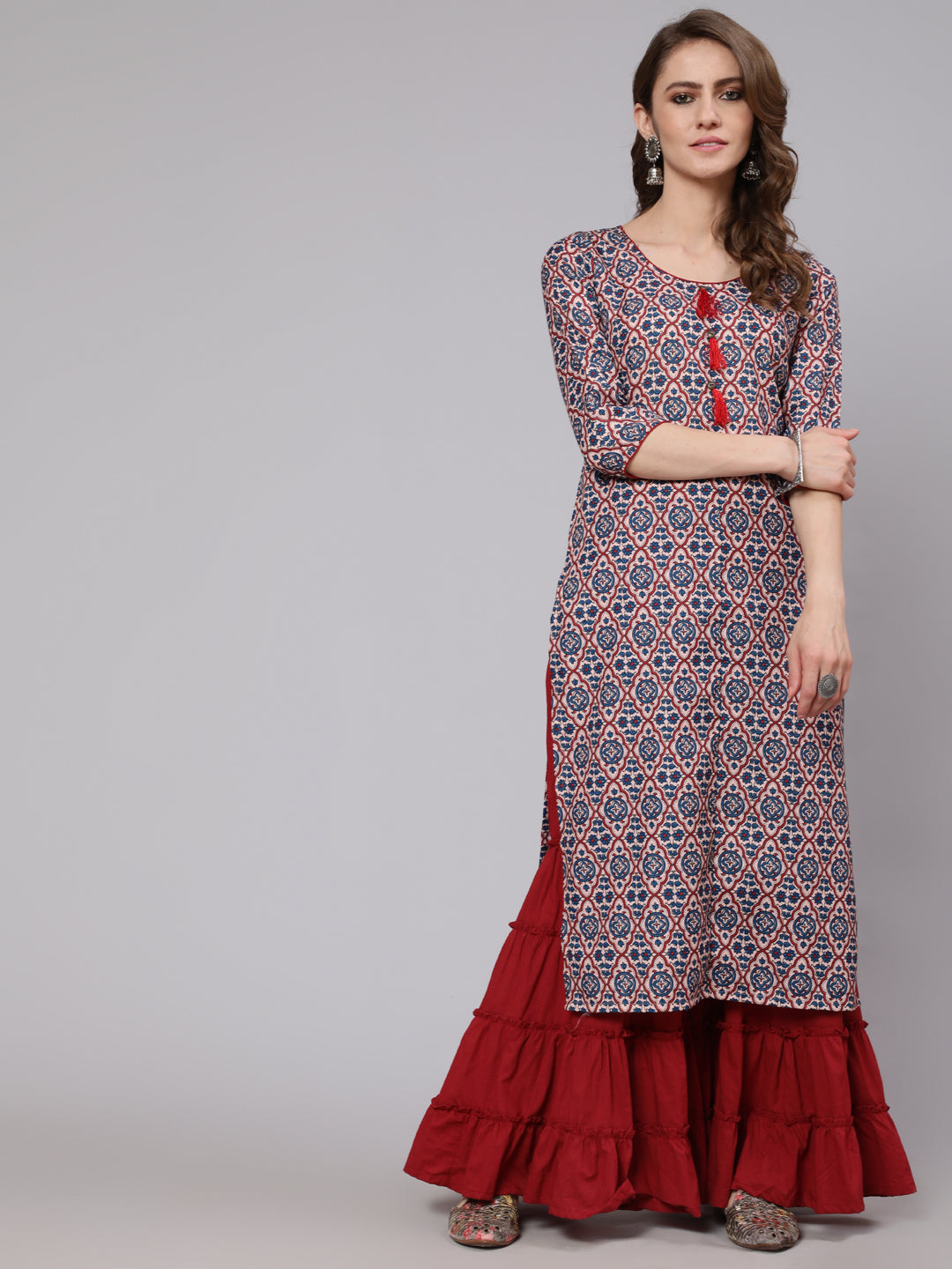 Blue Printed Straight Kurta - Elganza