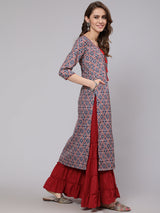Blue Printed Straight Kurta - Elganza