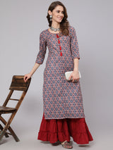Blue Printed Straight Kurta - Elganza