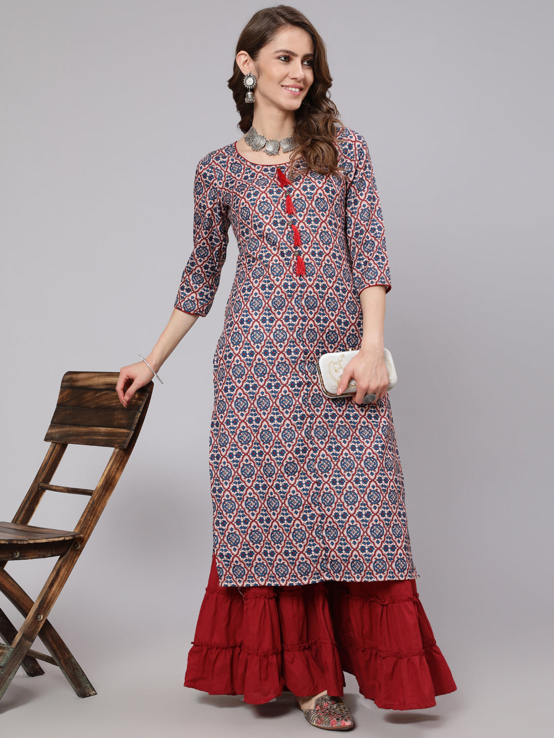 Blue Printed Straight Kurta - Elganza
