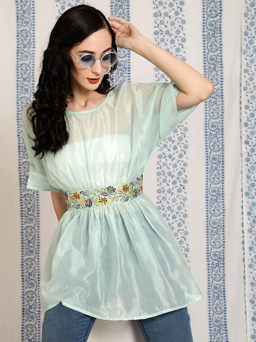 Sea Green Embroidered Tunic - Elganza