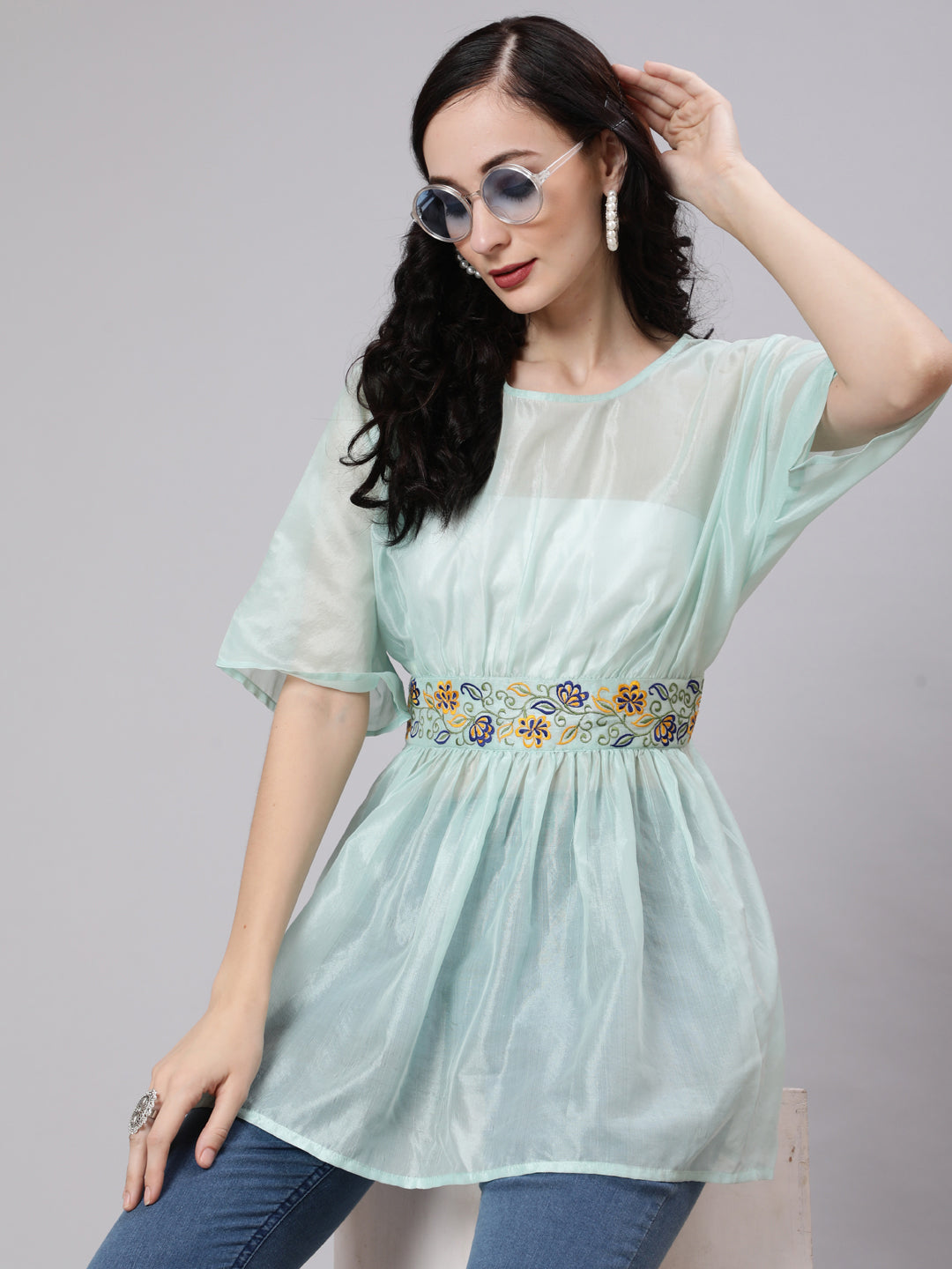 Sea Green Embroidered Tunic - Elganza
