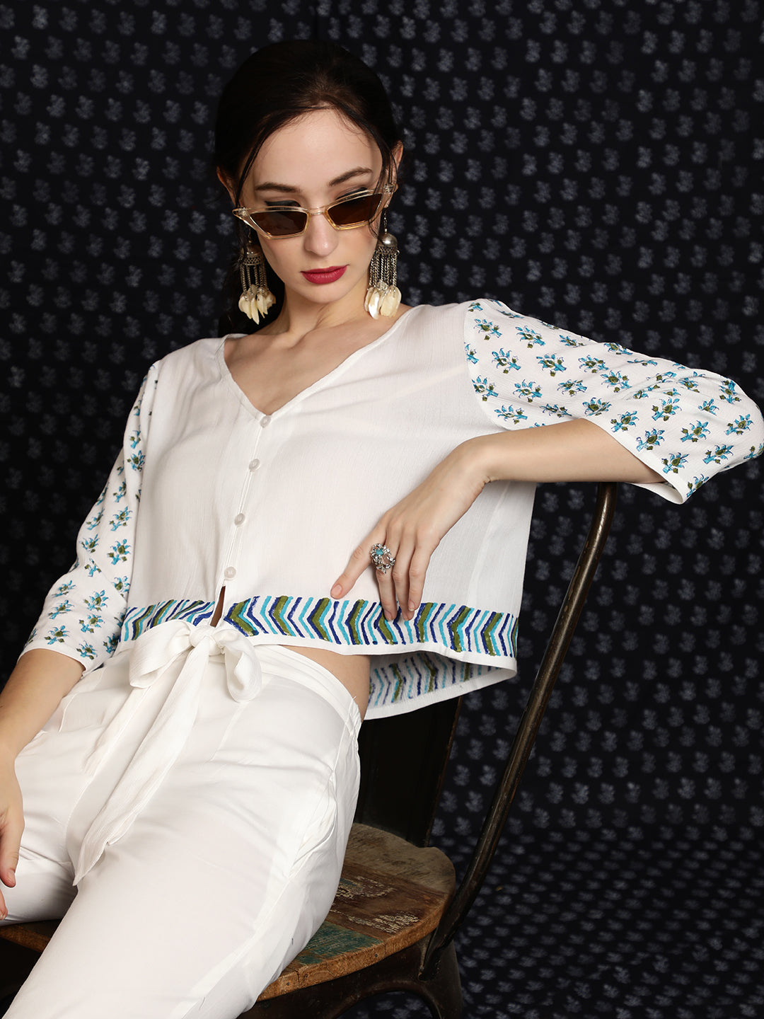 White Block Print Top - Elganza