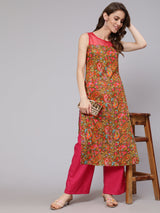 Olive & Pink Leaf Print Kurta - Elganza