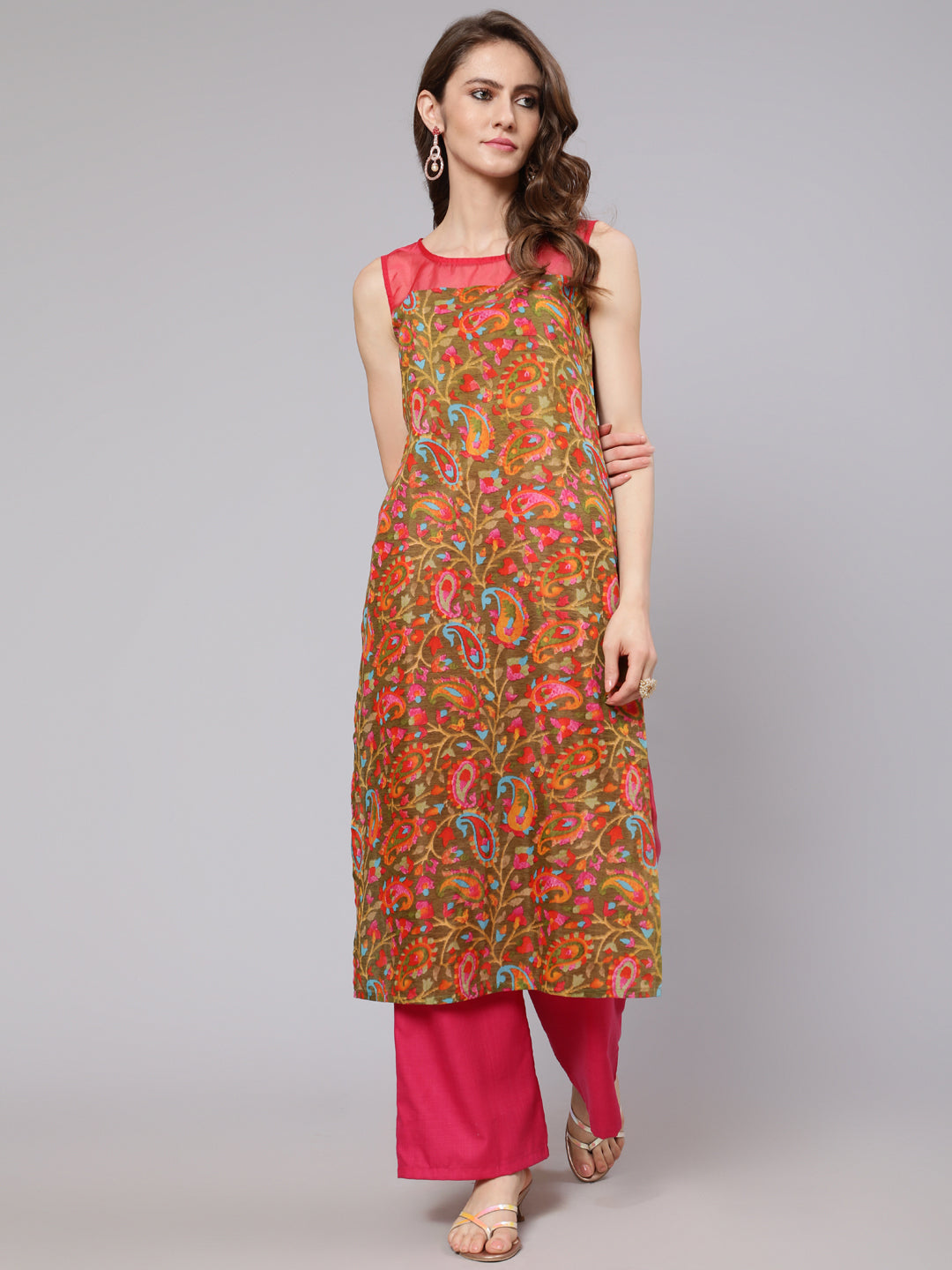 Olive & Pink Leaf Print Kurta - Elganza