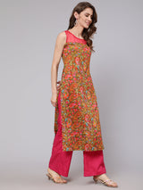 Olive & Pink Leaf Print Kurta - Elganza