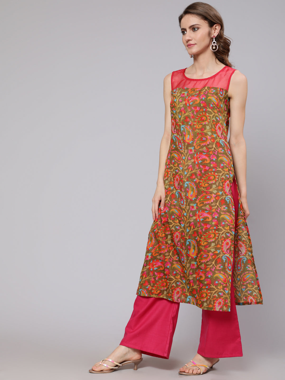 Olive & Pink Leaf Print Kurta - Elganza