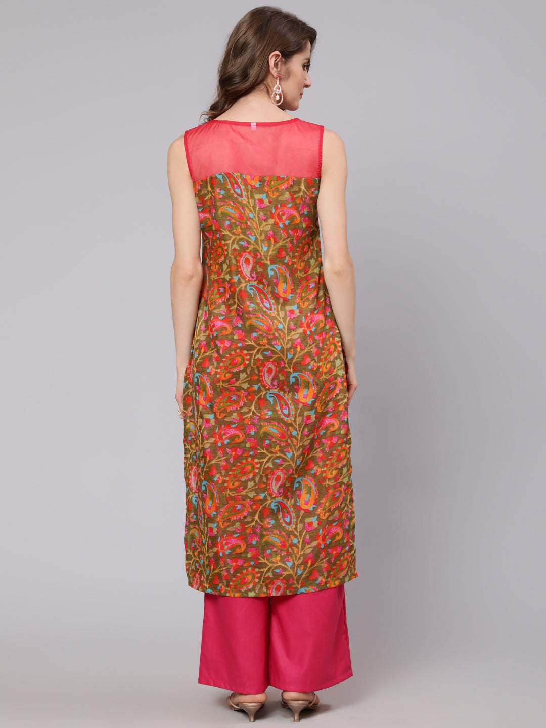 Olive & Pink Leaf Print Kurta - Elganza