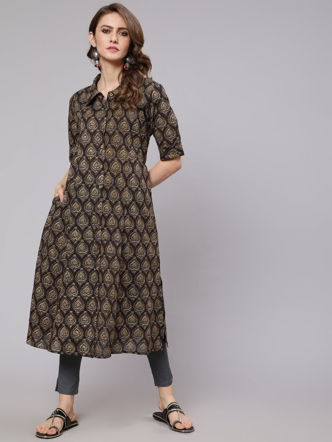 Olive Printed Button Down Kurta - Elganza