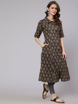 Olive Printed Button Down Kurta - Elganza