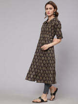 Olive Printed Button Down Kurta - Elganza