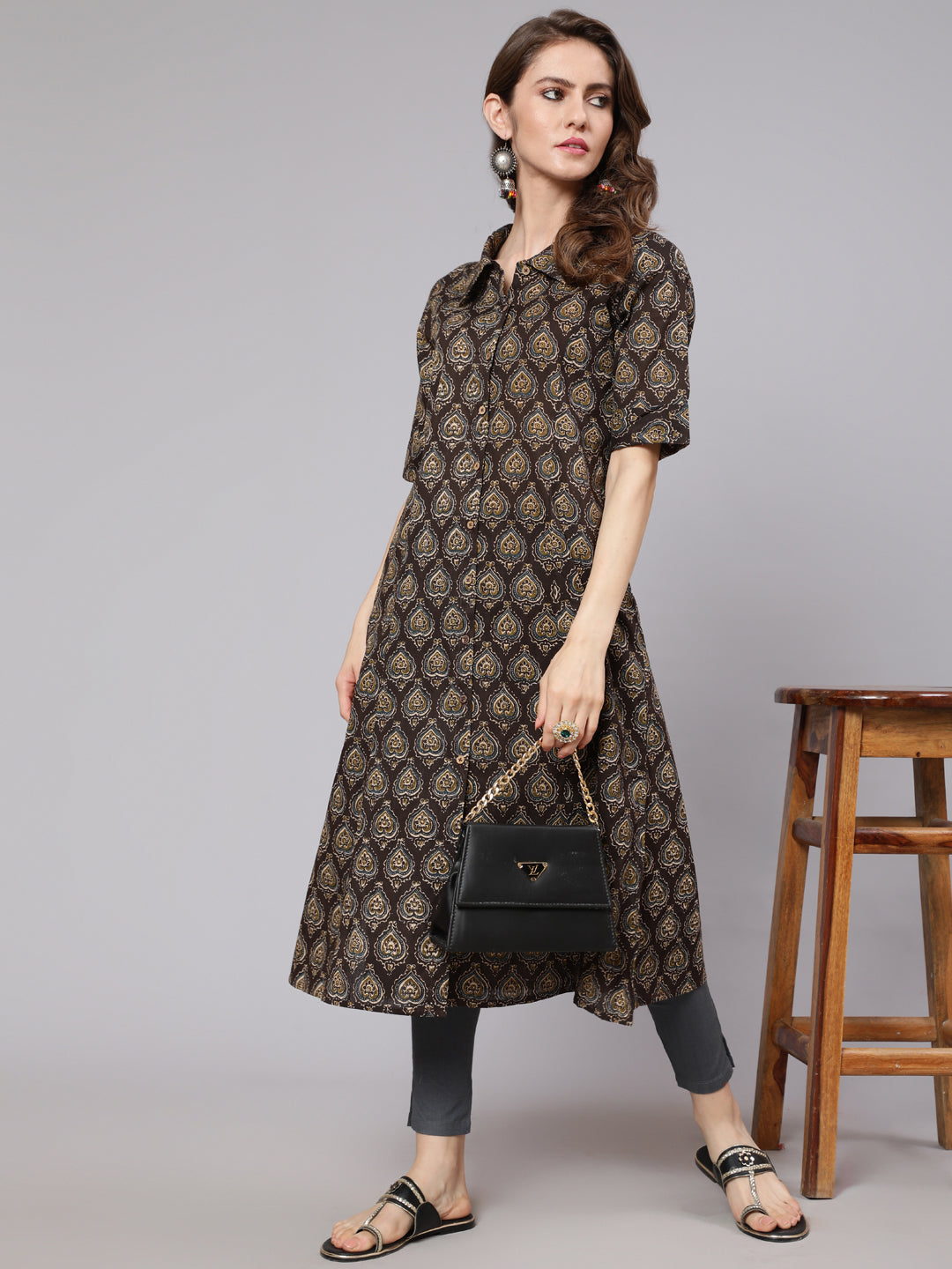 Olive Printed Button Down Kurta - Elganza