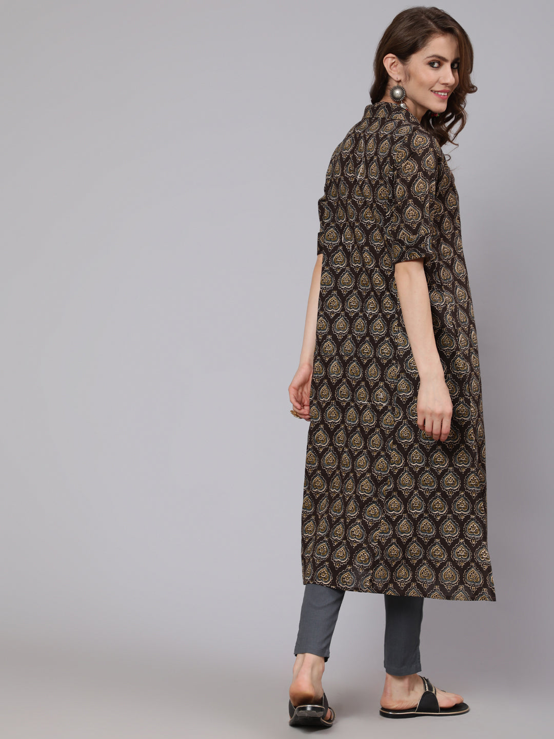 Olive Printed Button Down Kurta - Elganza