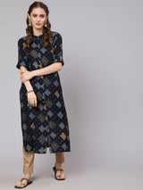 Blue Bandhani Print Button Down Kurta - Elganza