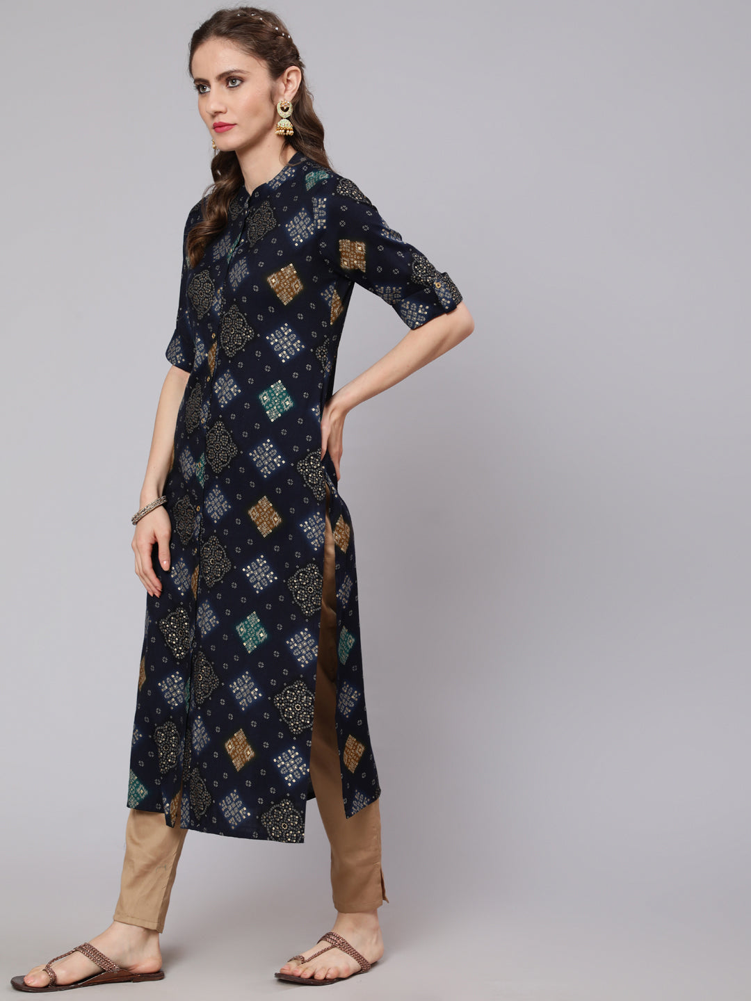 Blue Bandhani Print Button Down Kurta - Elganza