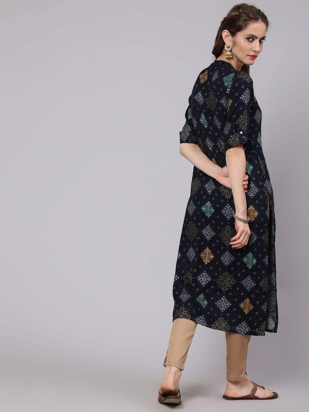 Blue Bandhani Print Button Down Kurta - Elganza