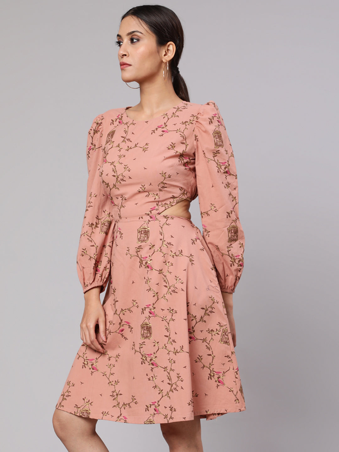 Brown Printed Cut-Out Skater Dress - Elganza