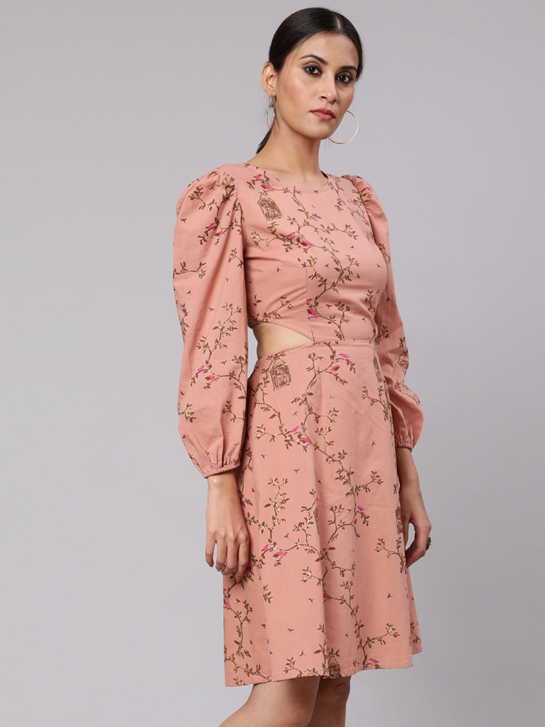 Brown Printed Cut-Out Skater Dress - Elganza