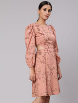 Brown Printed Cut-Out Skater Dress - Elganza