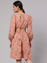 Brown Printed Cut-Out Skater Dress - Elganza