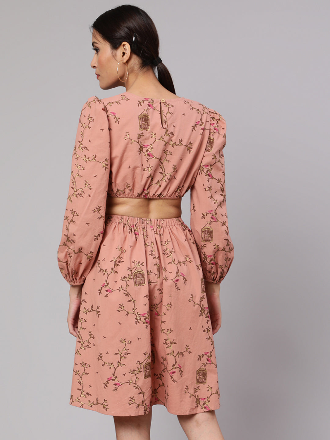 Brown Printed Cut-Out Skater Dress - Elganza