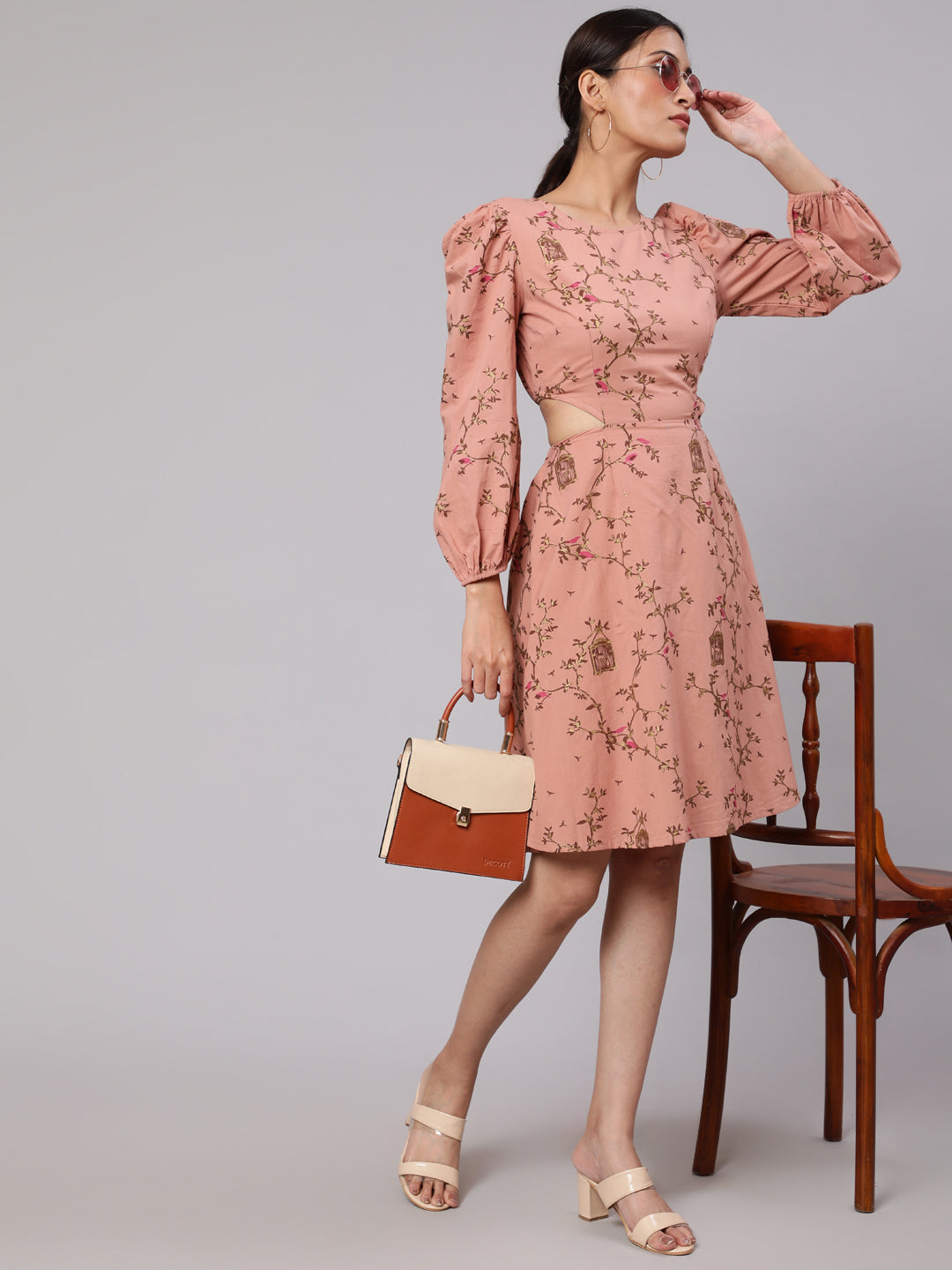 Brown Printed Cut-Out Skater Dress - Elganza
