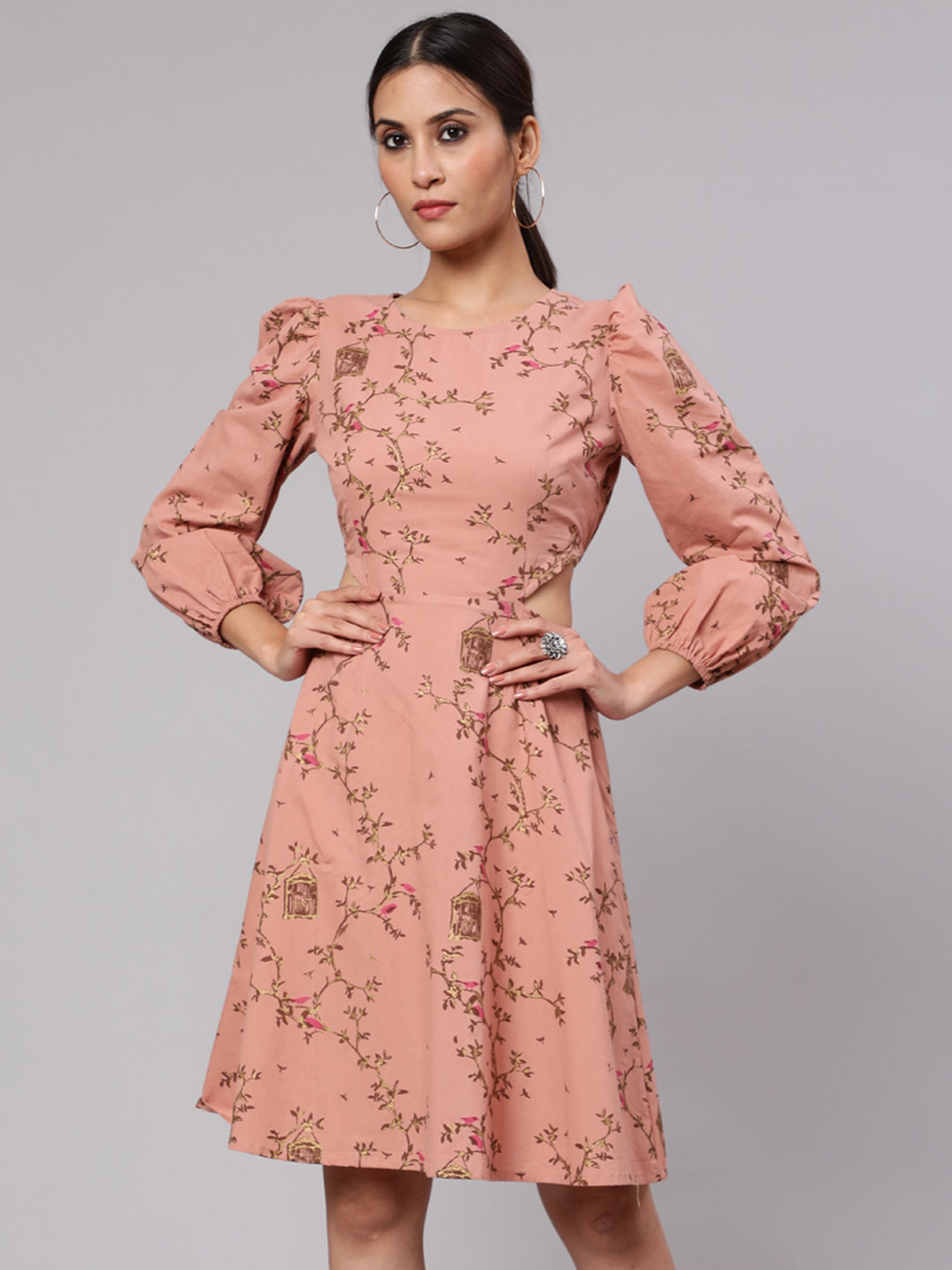 Brown Printed Cut-Out Skater Dress - Elganza
