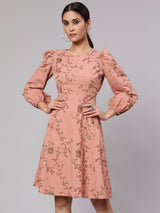 Brown Printed Cut-Out Skater Dress - Elganza