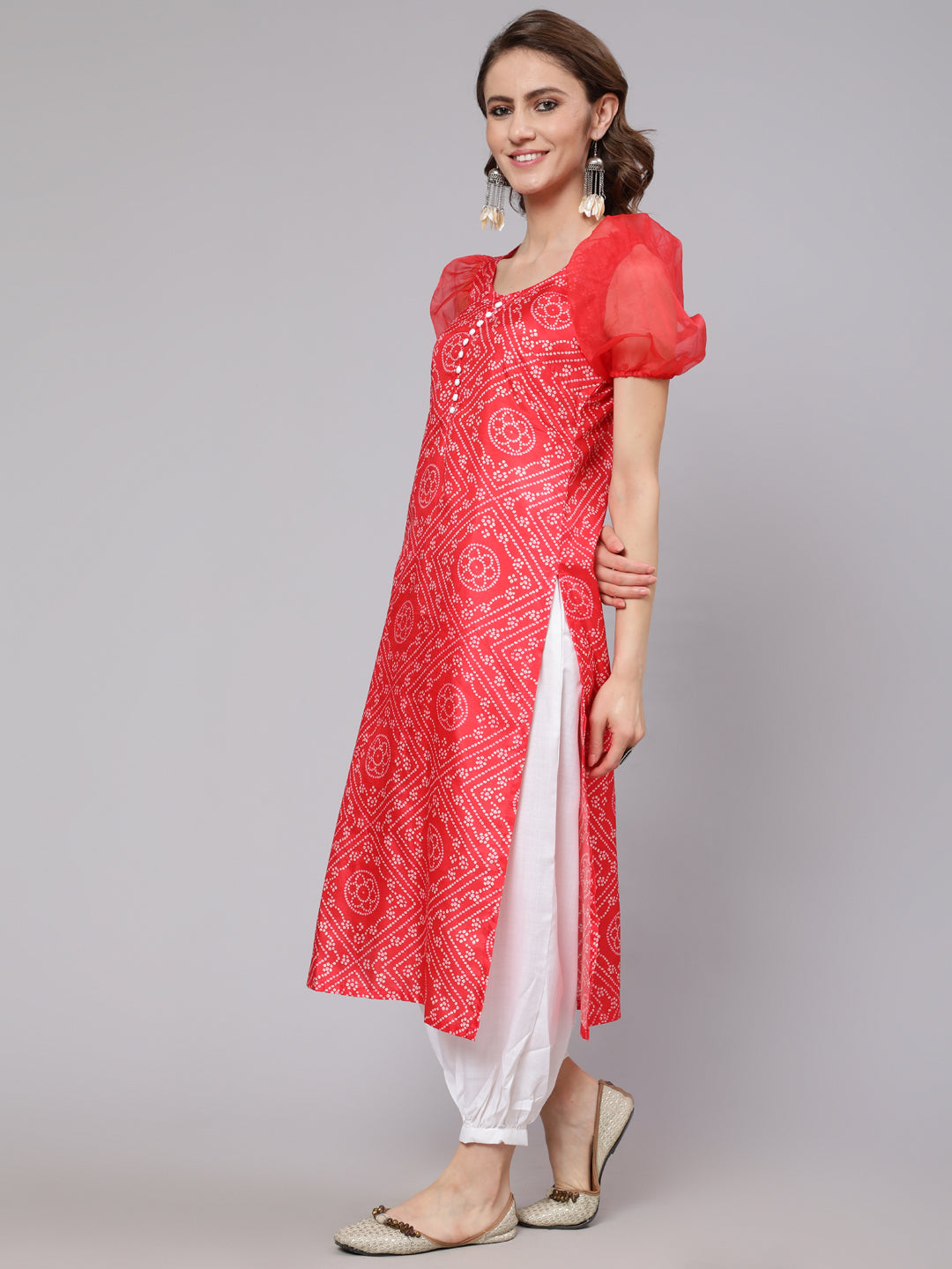 Red Bandhani Print Kurta - Elganza