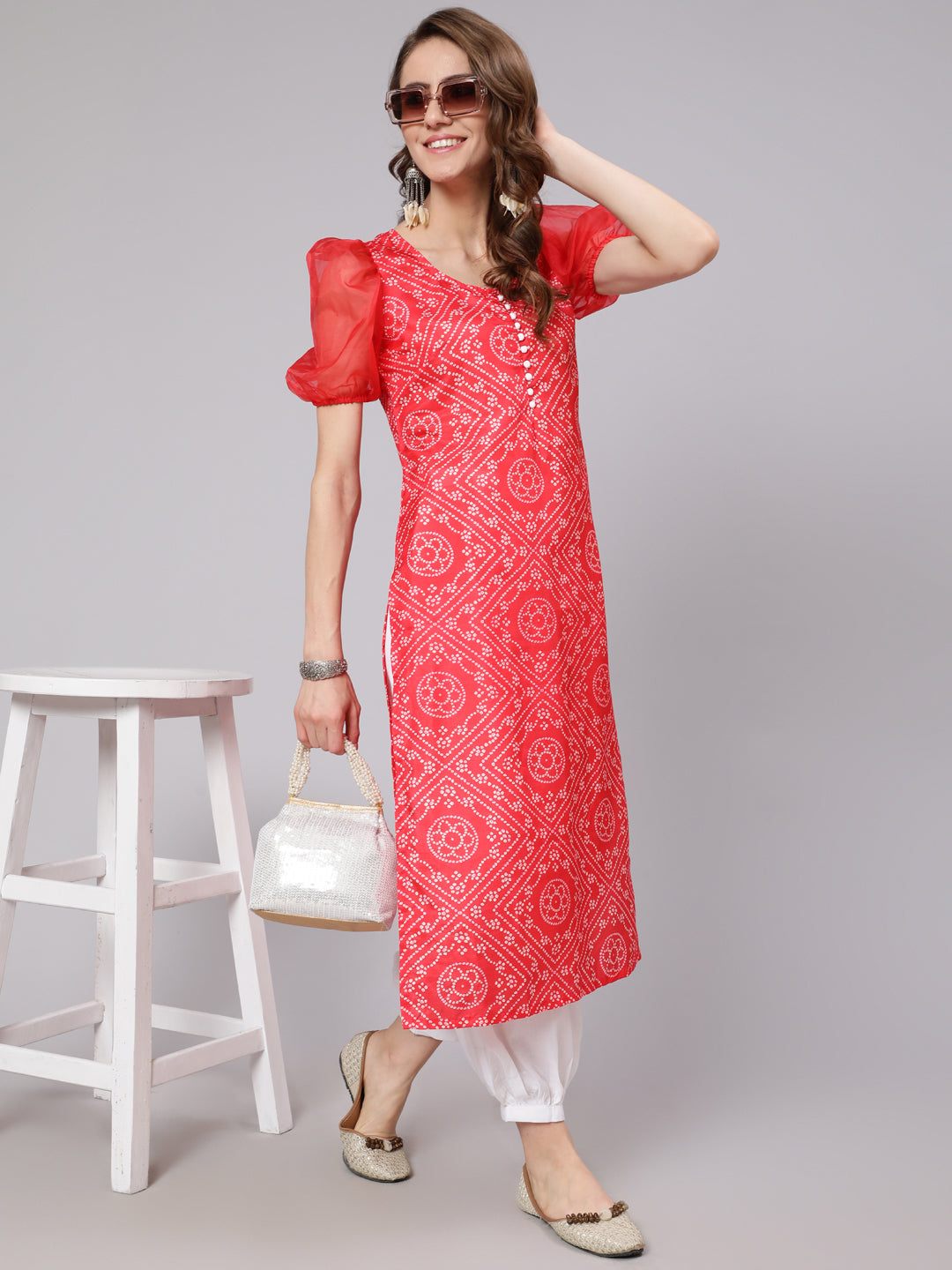 Red Bandhani Print Kurta - Elganza