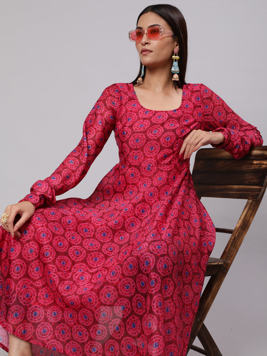 Magenta Printed Flared Anarkali - Elganza