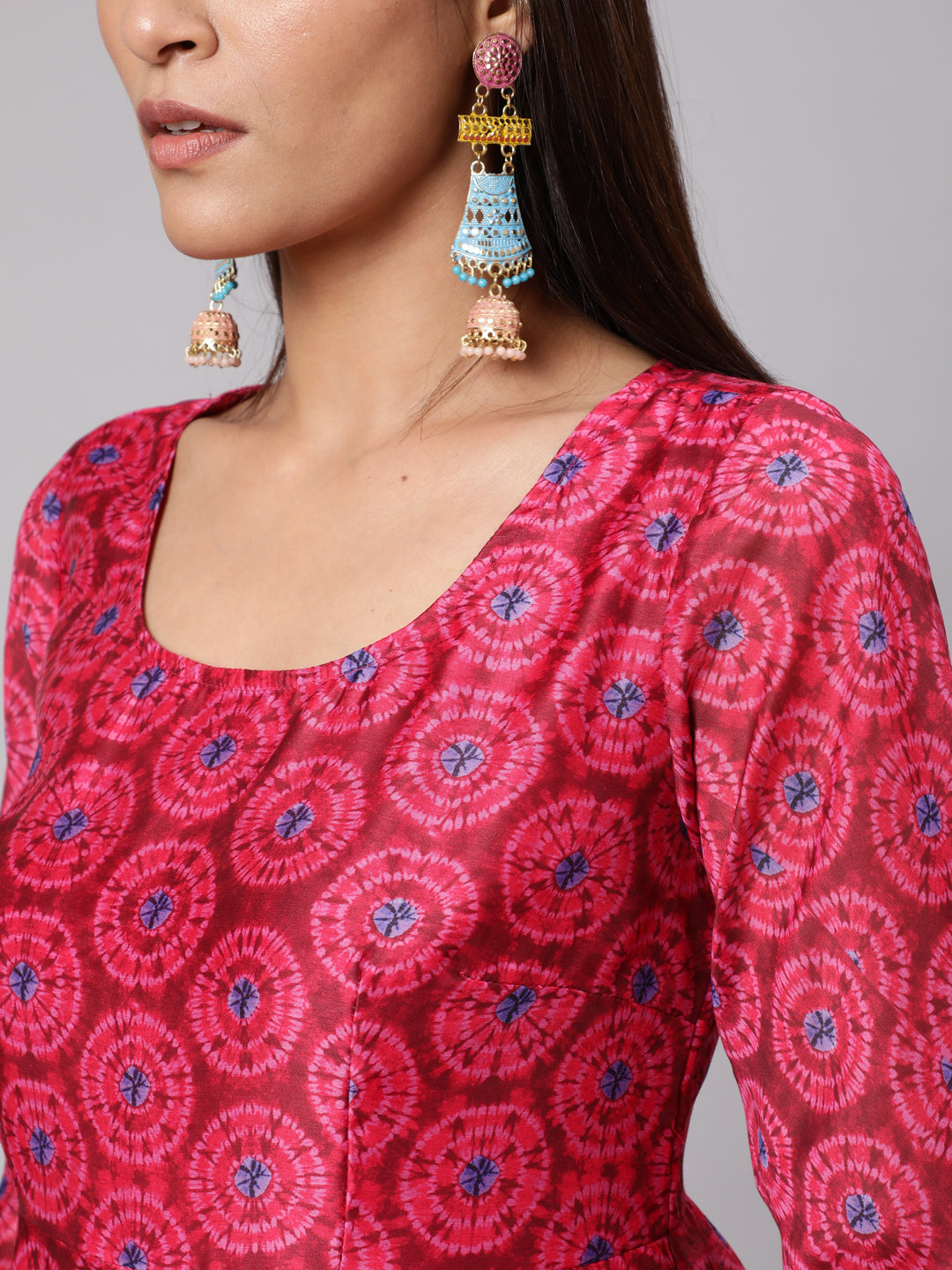 Magenta Printed Flared Anarkali - Elganza