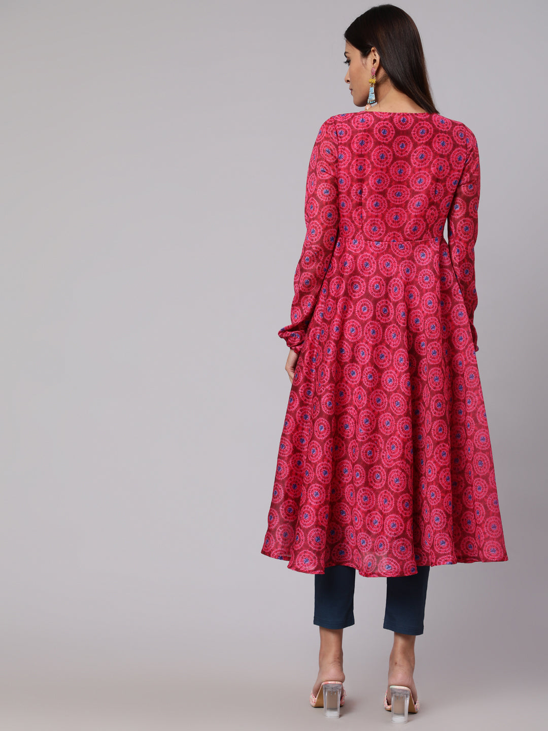 Magenta Printed Flared Anarkali - Elganza