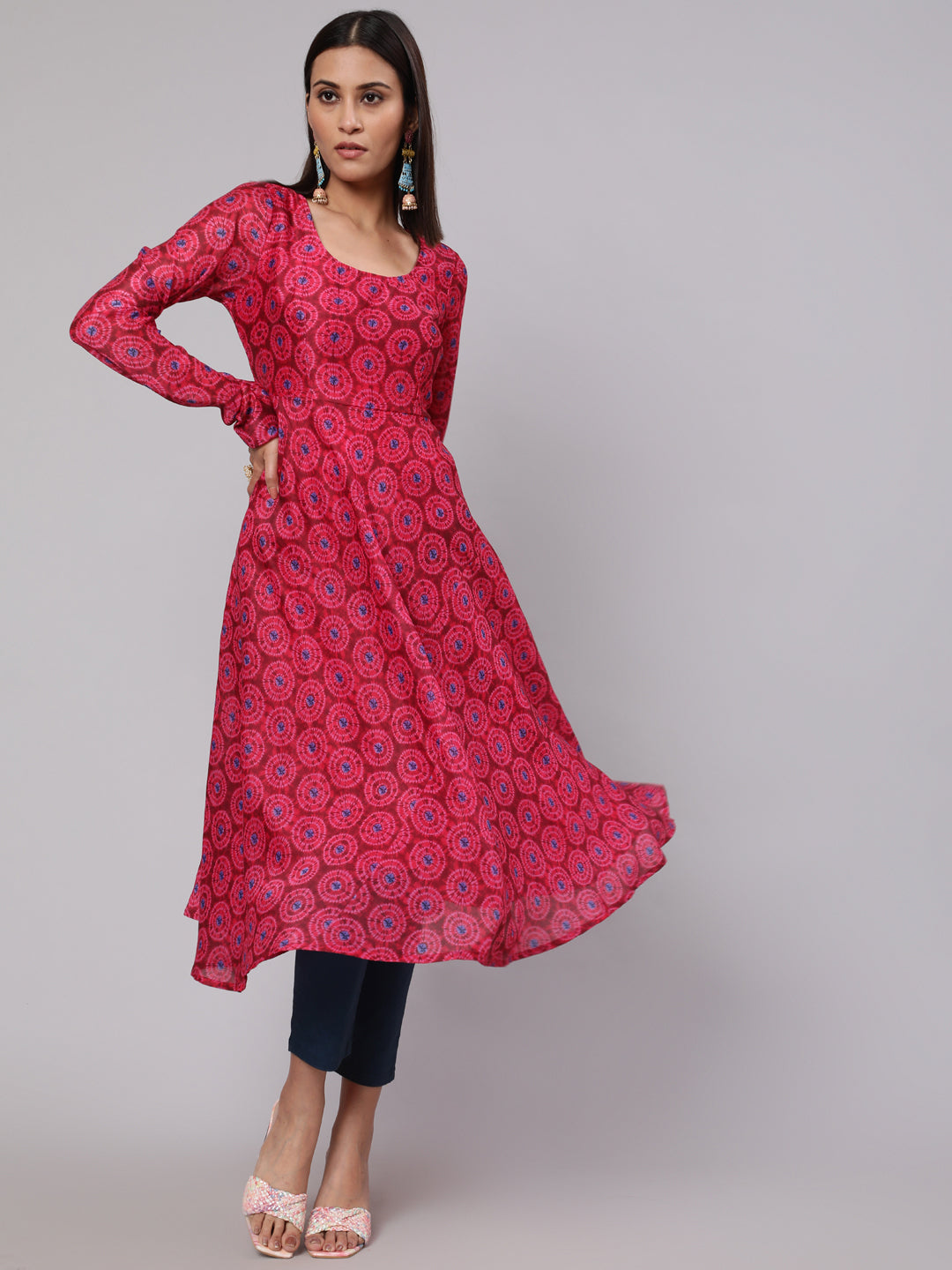 Magenta Printed Flared Anarkali - Elganza
