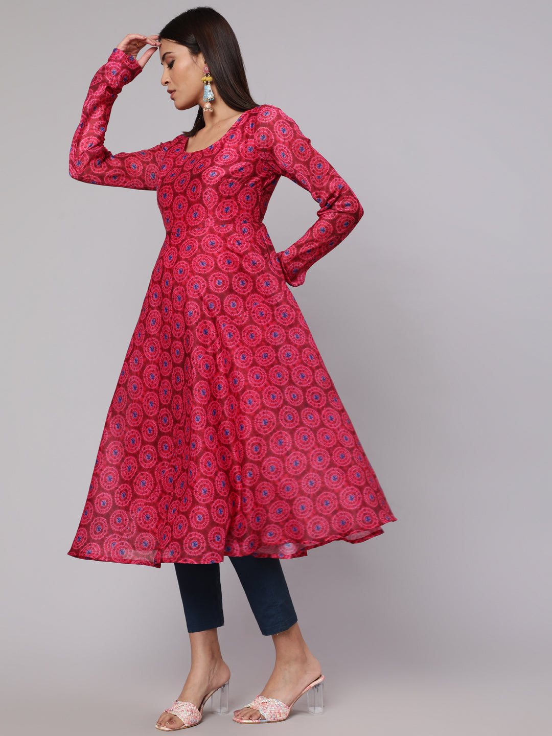 Magenta Printed Flared Anarkali - Elganza