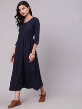 Navy Blue Woven Design Gathered Dress - Elganza
