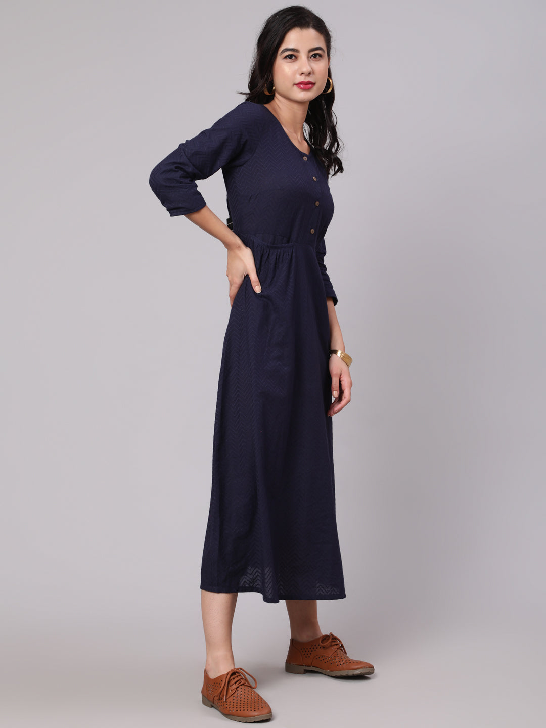 Navy Blue Woven Design Gathered Dress - Elganza