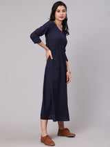 Navy Blue Woven Design Gathered Dress - Elganza