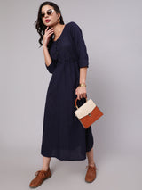 Navy Blue Woven Design Gathered Dress - Elganza